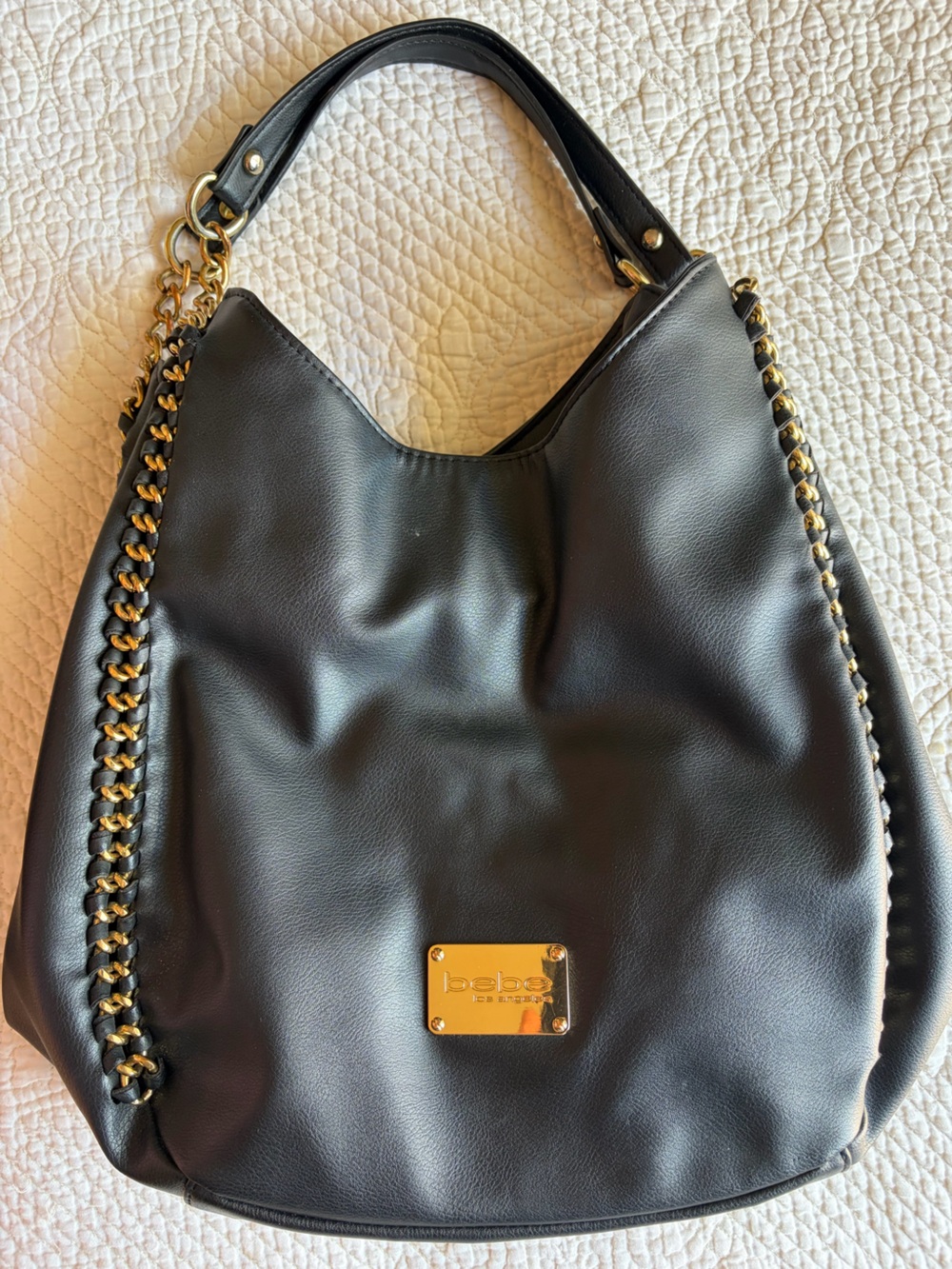 bebe Black Hobo Bag with Gold Chain Detail
